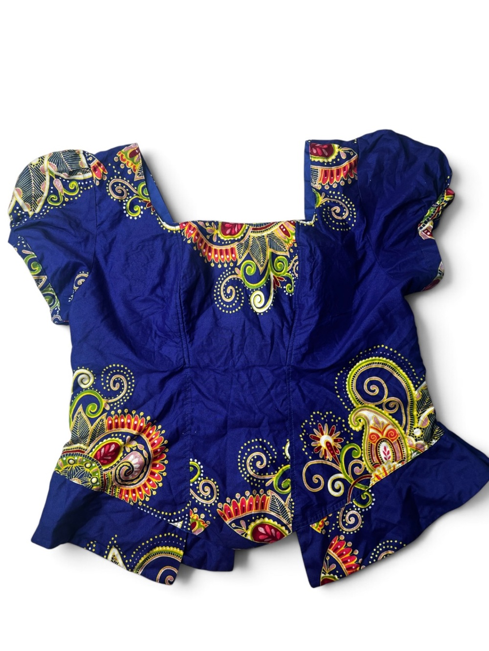 Women's Blue Puff Sleeve Top with Colourful Print